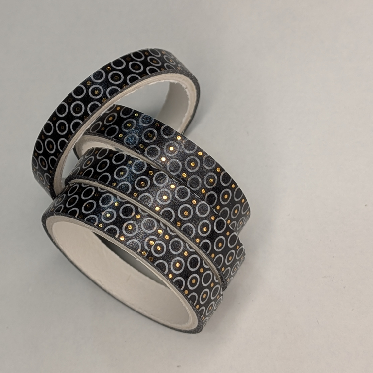 2-Black Washi Tape With Gold Metallic Geometric Pattern