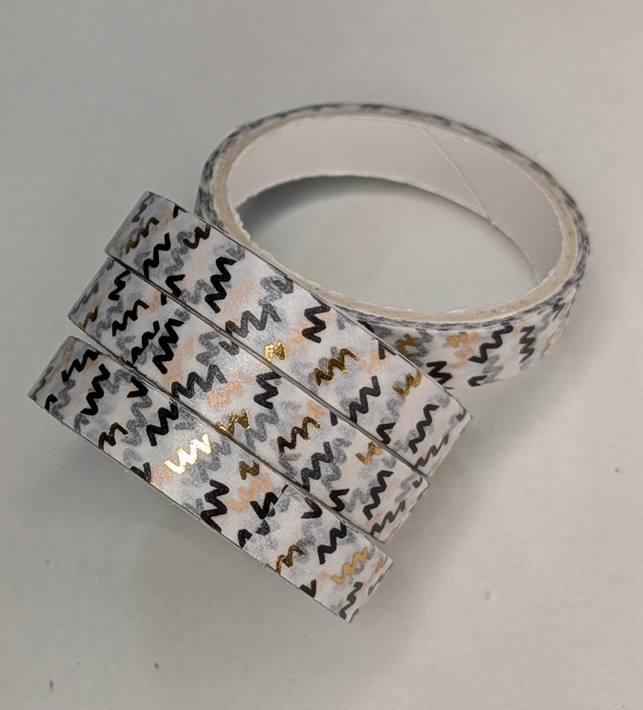 7-White Washi Tape With Gold Metallic Geometric Pattern