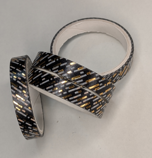 16-Black Washi Tape With Gold Metallic Geometric Pattern