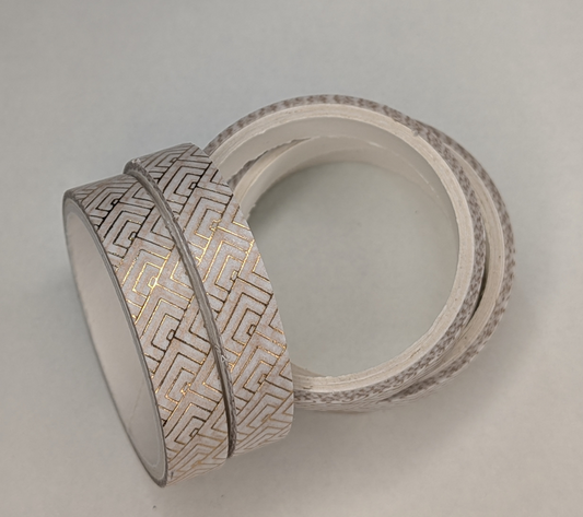 2-White Washi Tape With Gold Metallic Geometric Pattern